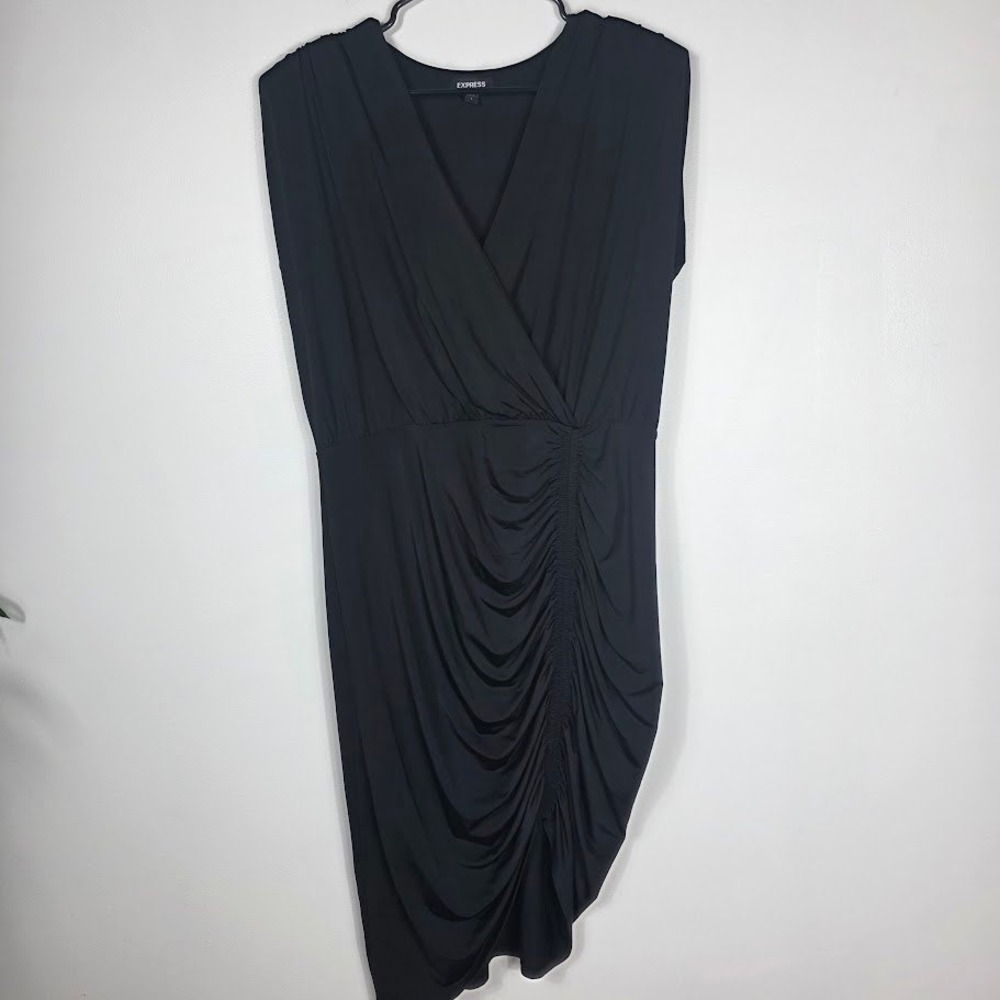 Express‎ Black Ruched Asymmetrical Midi Dress Womens L